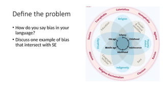 Define the problem
• How do you say bias in your
language?
• Discuss one example of bias
that intersect with SE
 