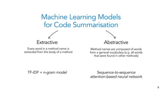 Machine Learning Models
for Code Summarisation
Extractive Abstractive
Every word in a method name is
extracted from the body of a method
Method names are composed of words
from a general vocabulary (e.g. all words
that were found in other methods)
9
TF-IDF + n-gram model Sequence-to-sequence
attention-based neural network
 