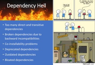 Dependency Hell
• Too many direct and transitive
dependencies
• Broken dependencies due to
backward incompatibilities
• Co-installability problems
• Deprecated dependencies
• Outdated dependencies
• Bloated dependencies
 