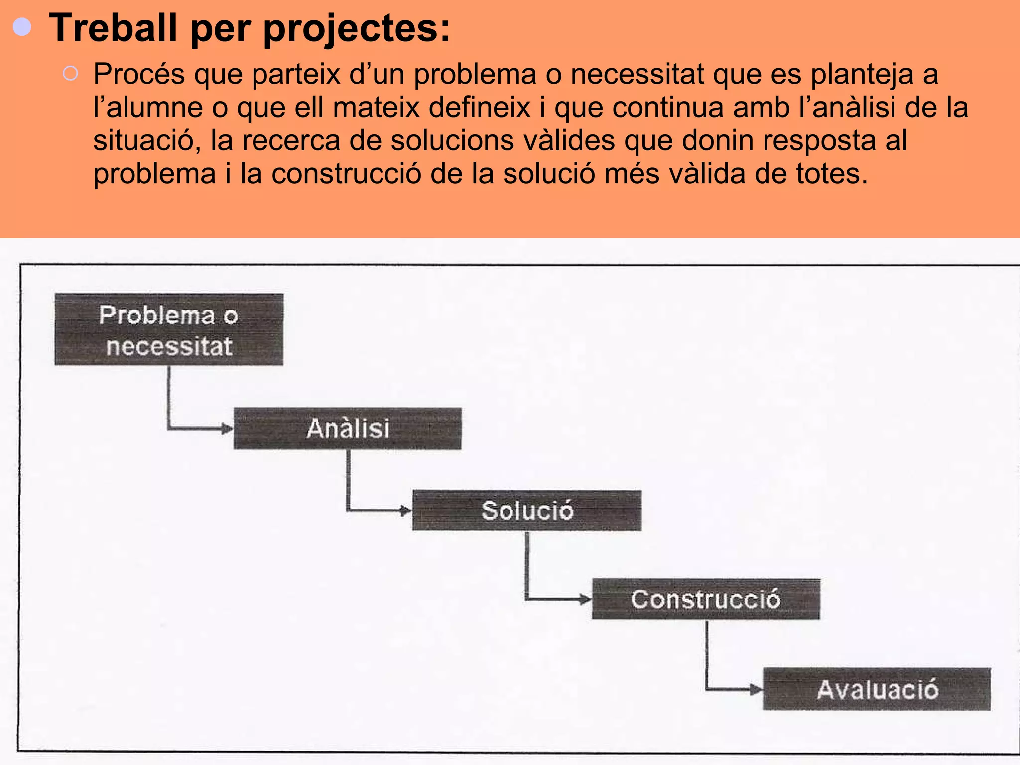 Treball per projectes:  Procés que parteix d’un problema o necessitat que es planteja a l’alumne o que ell mateix defineix i que continua amb l’anàlisi de la situació, la recerca de solucions vàlides que donin resposta al problema i la construcció de la solució més vàlida de totes.  