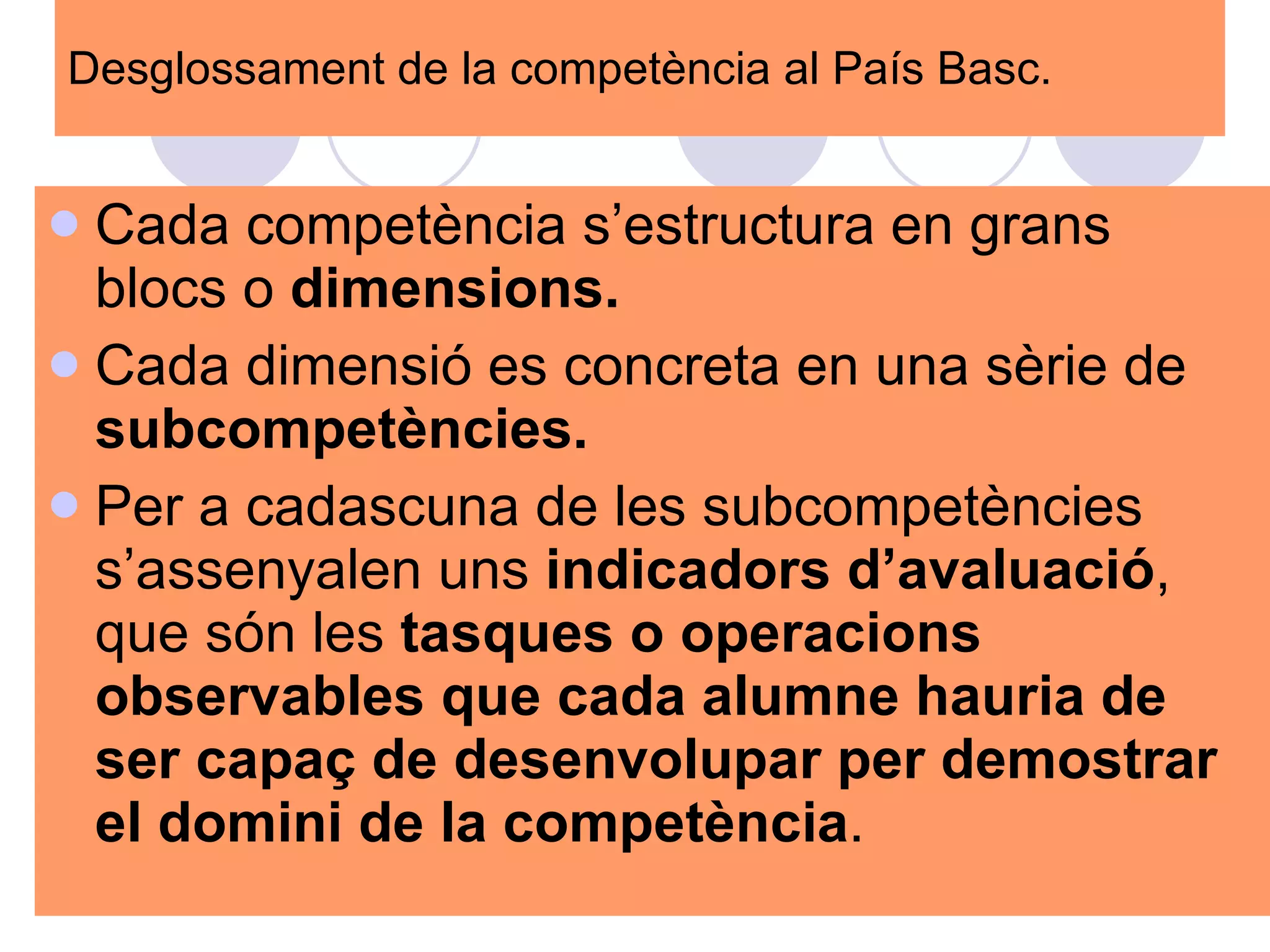Desglossament de la competència al País Basc. Cada competència s’estructura en grans blocs o  dimensions. Cada dimensió es concreta en una sèrie de  subcompetències. Per a cadascuna de les subcompetències s’assenyalen uns  indicadors d’avaluació , que són les  tasques o operacions observables que cada alumne hauria de ser capaç de desenvolupar per demostrar el domini de la competència .  