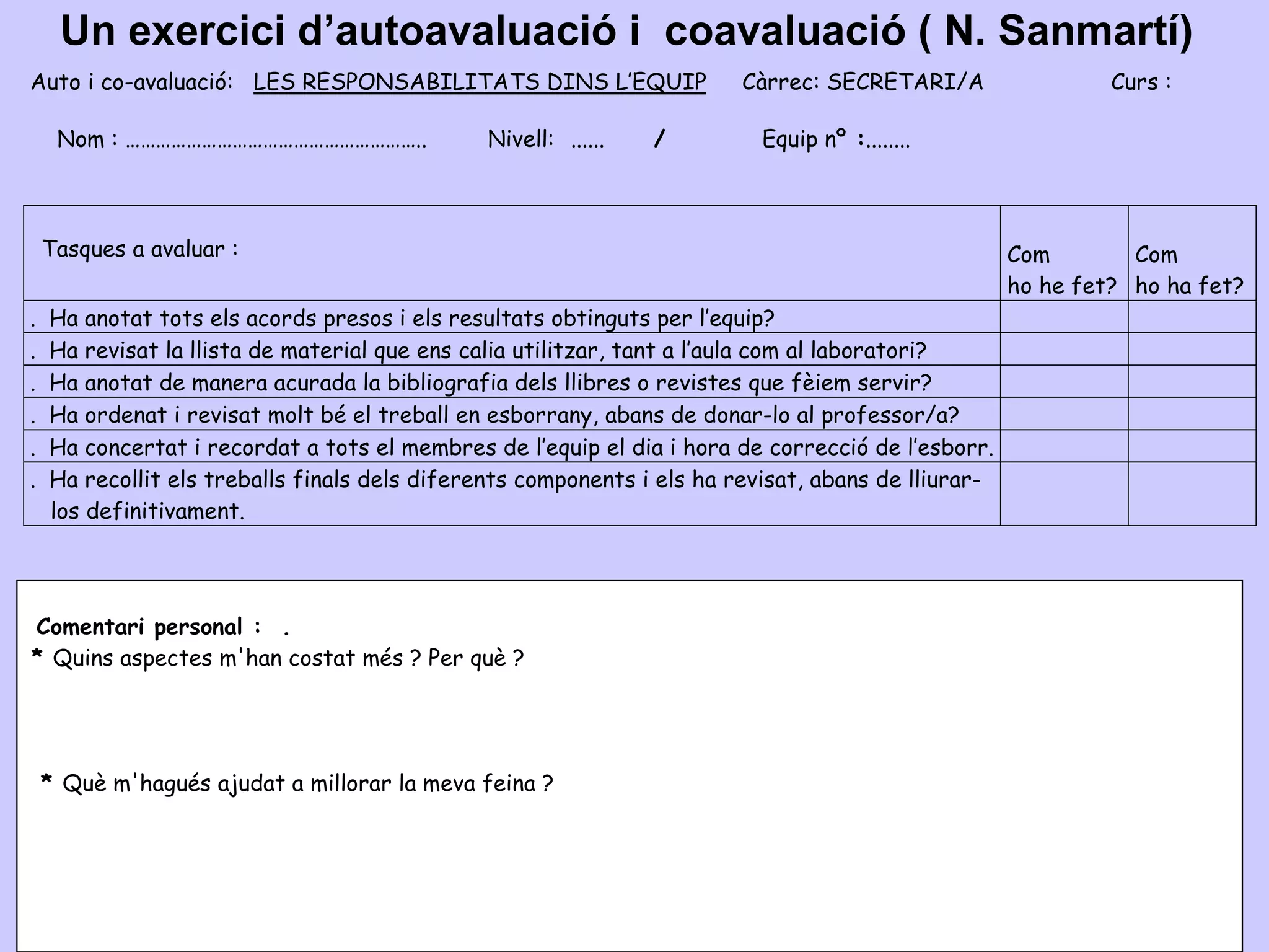 Un exercici d’autoavaluació i  coavaluació ( N. Sanmartí) 