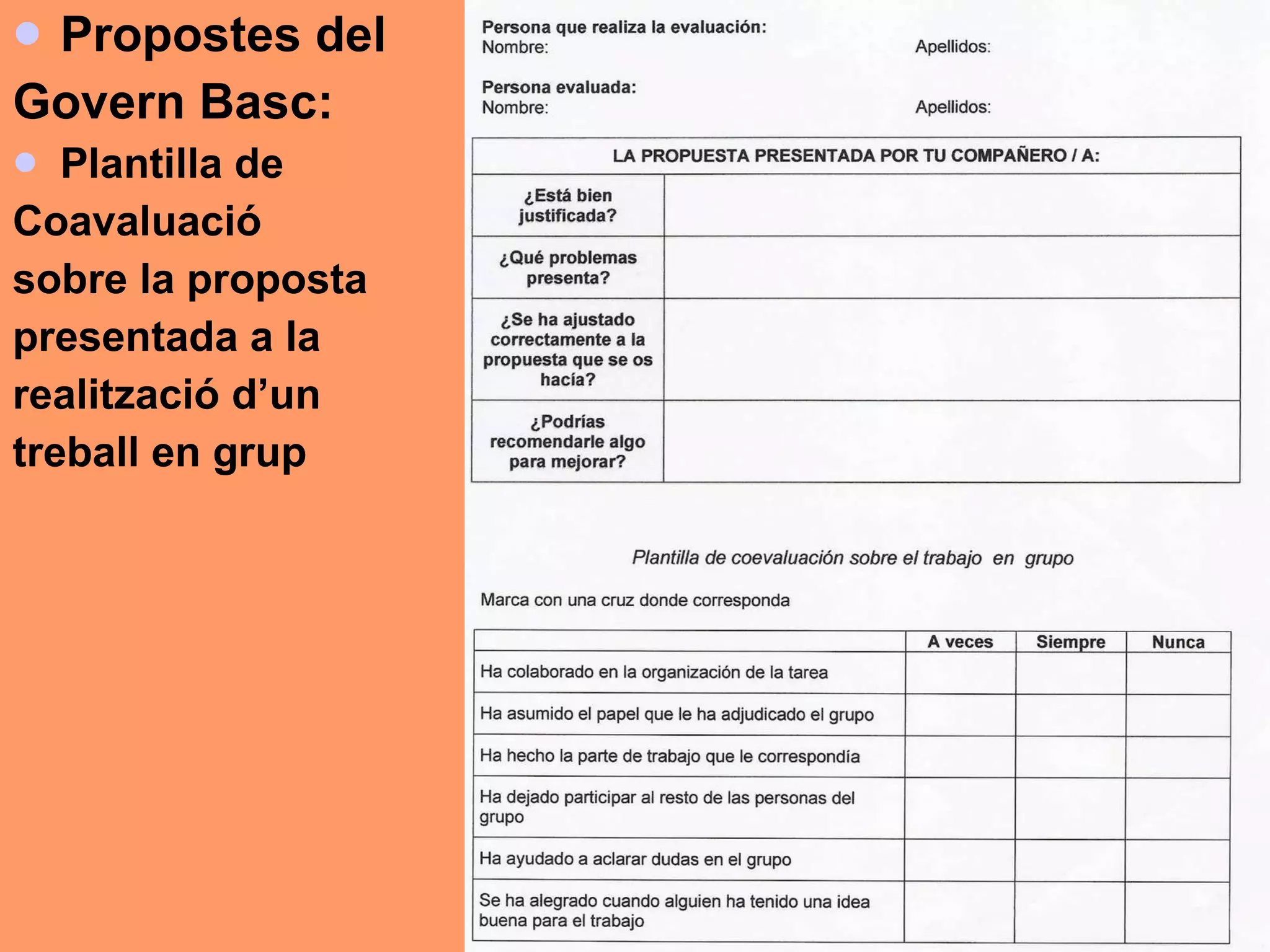 Propostes del  Govern Basc:  Plantilla de Coavaluació sobre la proposta presentada a la  realització d’un  treball en grup 