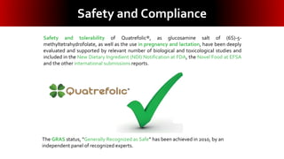 Safety and Compliance
Safety and tolerability of Quatrefolic®, as glucosamine salt of (6S)-5-
methyltetrahydrofolate, as well as the use in pregnancy and lactation, have been deeply
evaluated and supported by relevant number of biological and toxicological studies and
included in the New Dietary Ingredient (NDI) Notification at FDA, the Novel Food at EFSA
and the other international submissions reports.
The GRAS status, “Generally Recognized as Safe” has been achieved in 2010, by an
independent panel of recognized experts.
Safety and Compliance
 