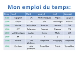 Heure   Lundi           Mardi         Mercredi        Jeudi         Vendredi
 9:00      Espagnol        EPS        Mathématiques     Anglais      Espagnol
10:00      Français        EPS             SVT        Technologie    Français
11:00      Histoire     Technologie      Français      Histoire        EPS
12:00           SVT     Geógraphy        Espagnol      Physique        EPS
13:00   Mathématiques     Anglais         Chimie        Maths          SVT
14:00           M           A               N             G              E
15:00       Chimie         Arts         Temps libre   Geógraphy     Temps libre
                        plastiques
16:00      Physique        Arts         Temps libre     Chimie      Temps libre
                        plastiques
 