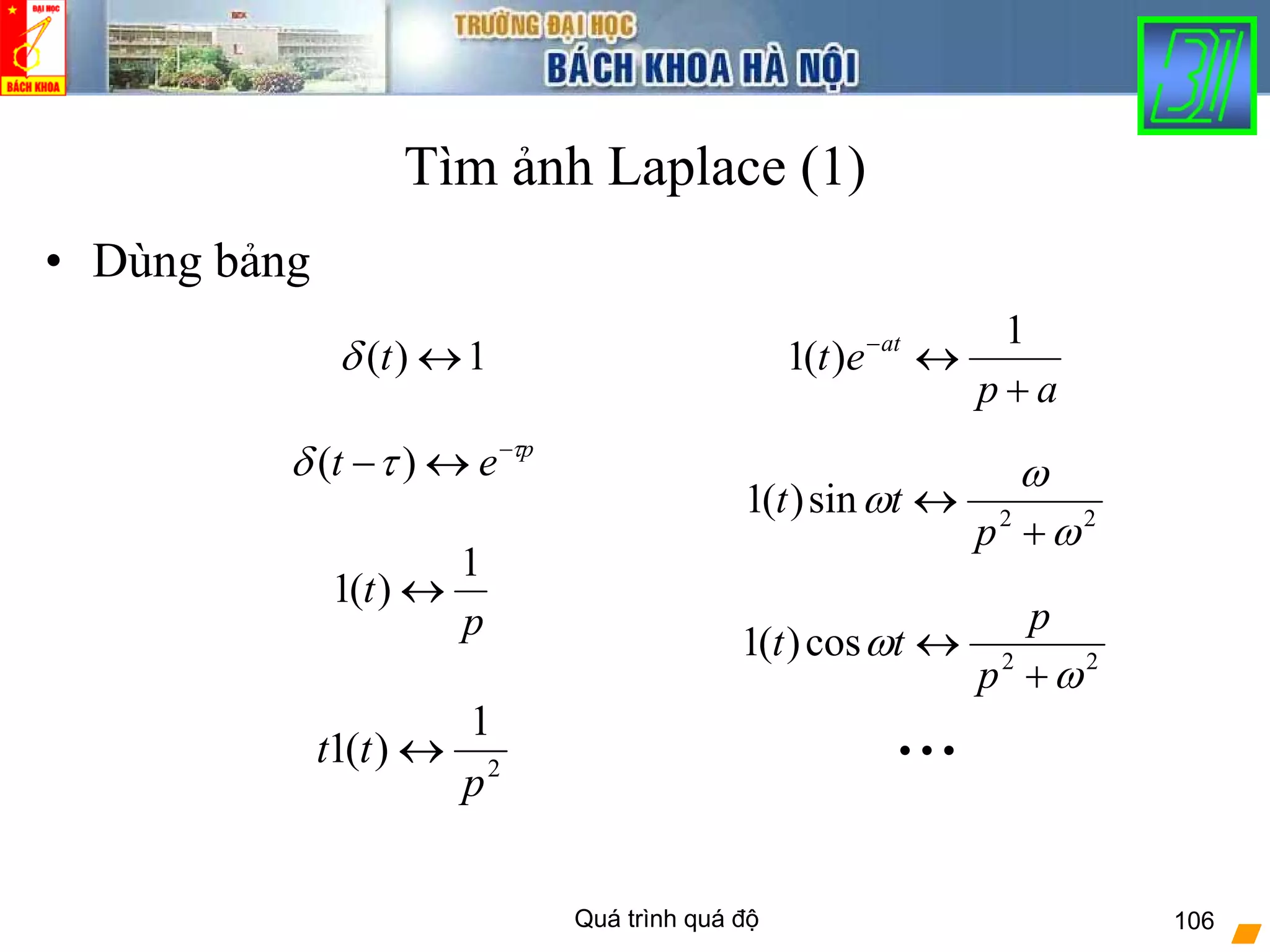 Quá trình quá độ 106
Tìm ảnh Laplace (1)
• Dùng bảng
p
t
1
)(1 ↔
2
1
)(1
p
tt ↔
1)( ↔tδ
p
et τ
τδ −
↔− )(
ap
et at
+
↔− 1
)(1
22
sin)(1
ω
ω
ω
+
↔
p
tt
22
cos)(1
ω
ω
+
↔
p
p
tt
...
 