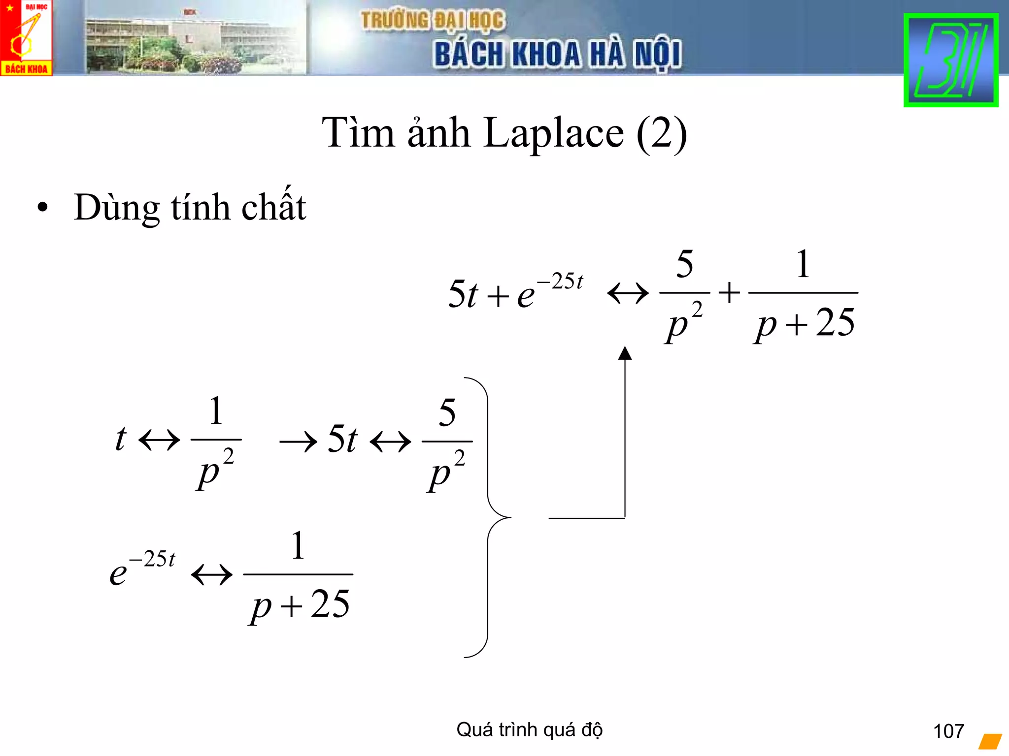 Quá trình quá độ 107
Tìm ảnh Laplace (2)
• Dùng tính chất
t
et 25
5 −
+
2
1
p
t ↔ 2
5
5
p
t ↔→
25
125
+
↔−
p
e t
25
15
2
+
+↔
pp
 