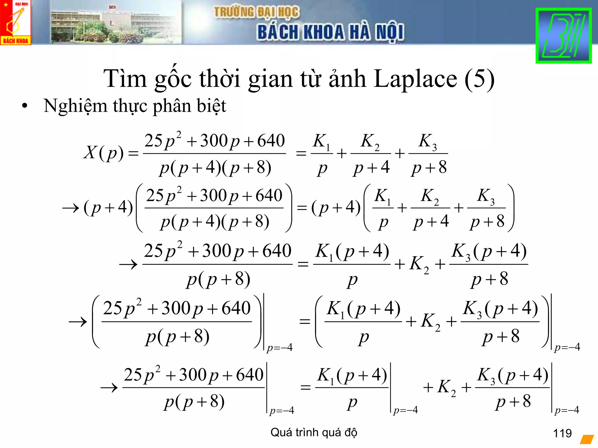 Quá trình quá độ 119
Tìm gốc thời gian từ ảnh Laplace (5)
• Nghiệm thực phân biệt
)8)(4(
64030025
)(
2
++
++
=
ppp
pp
pX
84
321
+
+
+
+=
p
K
p
K
p
K
2
31
2
( 4)( 4)25 300 640
( 8) 8
K pK pp p
K
p p p p
+++ +
→ = + +
+ +
2
31 225 300 640
( 4) ( 4)
( 4)( 8) 4 8
KK Kp p
p p
p p p p p p
⎛ ⎞ ⎛ ⎞+ +
→ + = + + +⎜ ⎟ ⎜ ⎟
+ + + +⎝ ⎠⎝ ⎠
2
31
2
44
( 4)( 4)25 300 640
( 8) 8 pp
K pK pp p
K
p p p p =−=−
⎛ ⎞ ⎛ ⎞+++ +
→ = + +⎜ ⎟ ⎜ ⎟
+ +⎝ ⎠⎝ ⎠
2
31
2
4 44
( 4)( 4)25 300 640
( 8) 8p pp
K pK pp p
K
p p p p=− =−=−
+++ +
→ = + +
+ +
 