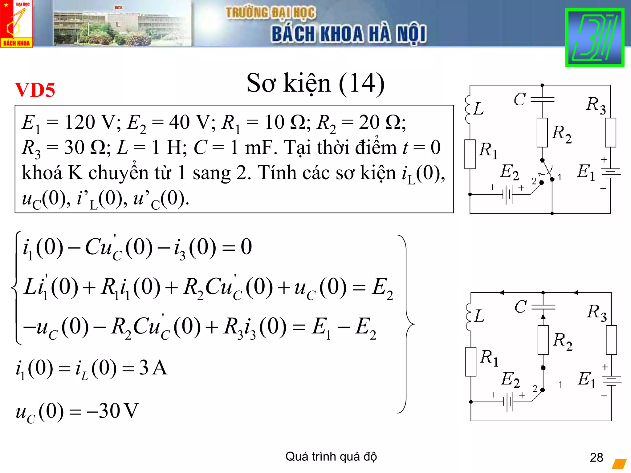 Quá trình quá độ 28
Sơ kiện (14)VD5
E1 = 120 V; E2 = 40 V; R1 = 10 Ω; R2 = 20 Ω;
R3 = 30 Ω; L = 1 H; C = 1 mF. Tại thời điểm t = 0
khoá K chuyển từ 1 sang 2. Tính các sơ kiện iL(0),
uC(0), i’L(0), u’C(0).
1(0) (0) 3ALi i= =
(0) 30VCu = −
'
1 3
' '
1 1 1 2 2
'
2 3 3 1 2
(0) (0) (0) 0
(0) (0) (0) (0)
(0) (0) (0)
C
C C
C C
i Cu i
Li R i R Cu u E
u R Cu R i E E
⎧ − − =
⎪
+ + + =⎨
⎪
− − + = −⎩
 