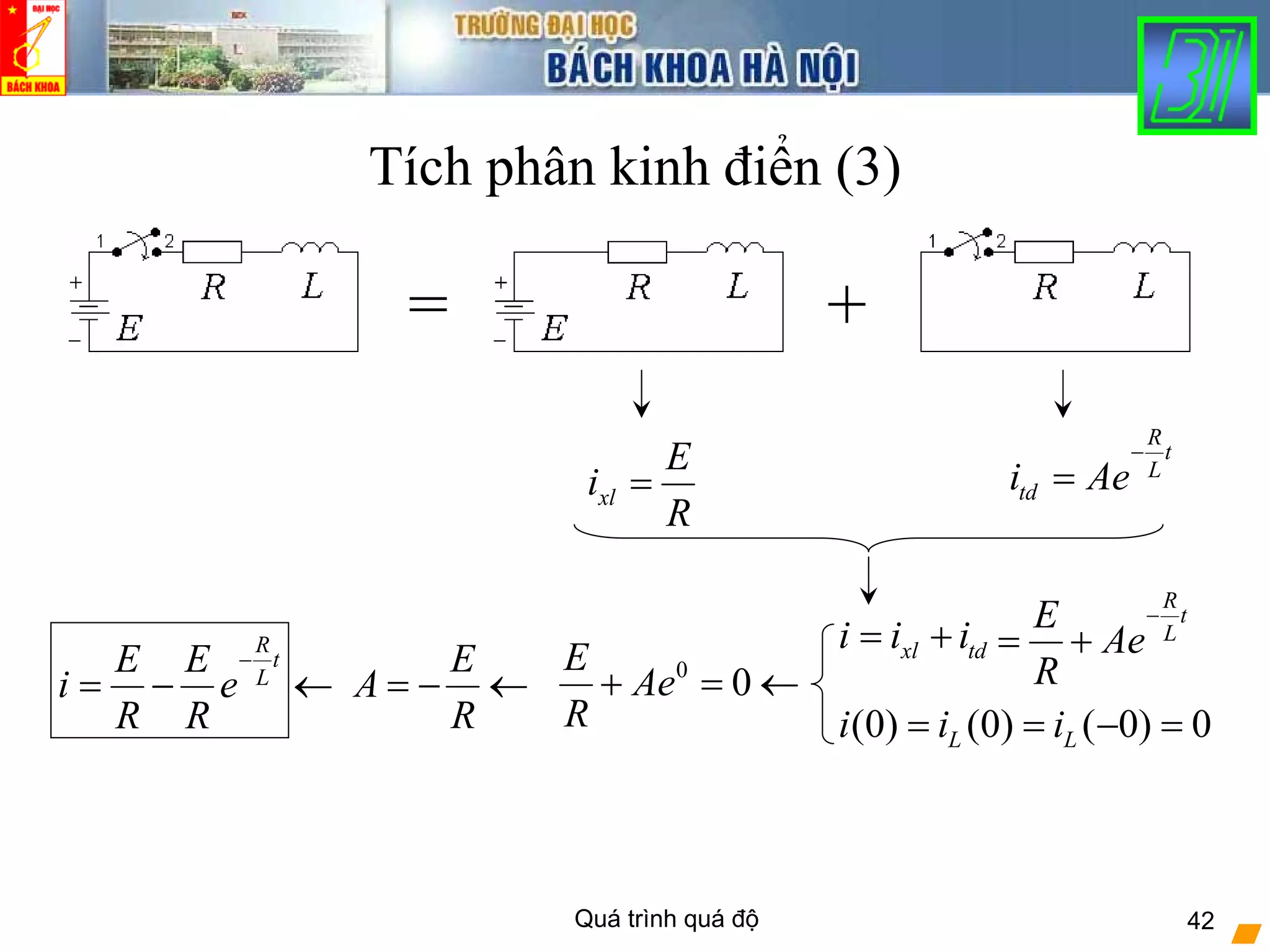 Quá trình quá độ 42
Tích phân kinh điển (3)
= +
R
t
L
tdi Ae
−
=xl
E
i
R
=
R
t
L
E
Ae
R
−
= +xl tdi i i= +
(0) (0) ( 0) 0L Li i i= = − =
0
0
E
Ae
R
+ = ←
R
t
L
E E
i e
R R
−
= − ←
E
A
R
= − ←
 