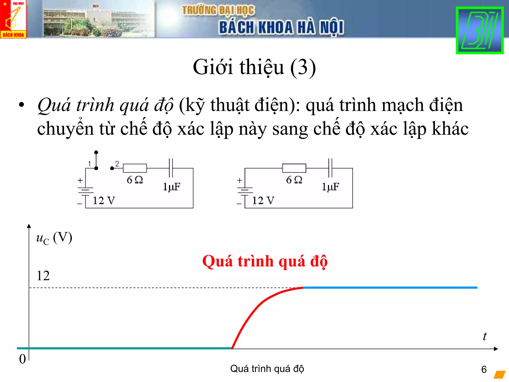 Quá trình quá độ 6
12
Giới thiệu (3)
• Quá trình quá độ (kỹ thuật điện): quá trình mạch điện
chuyển từ chế độ xác lập này sang chế độ xác lập khác
t
0
uC (V)
Quá trình quá độ
 