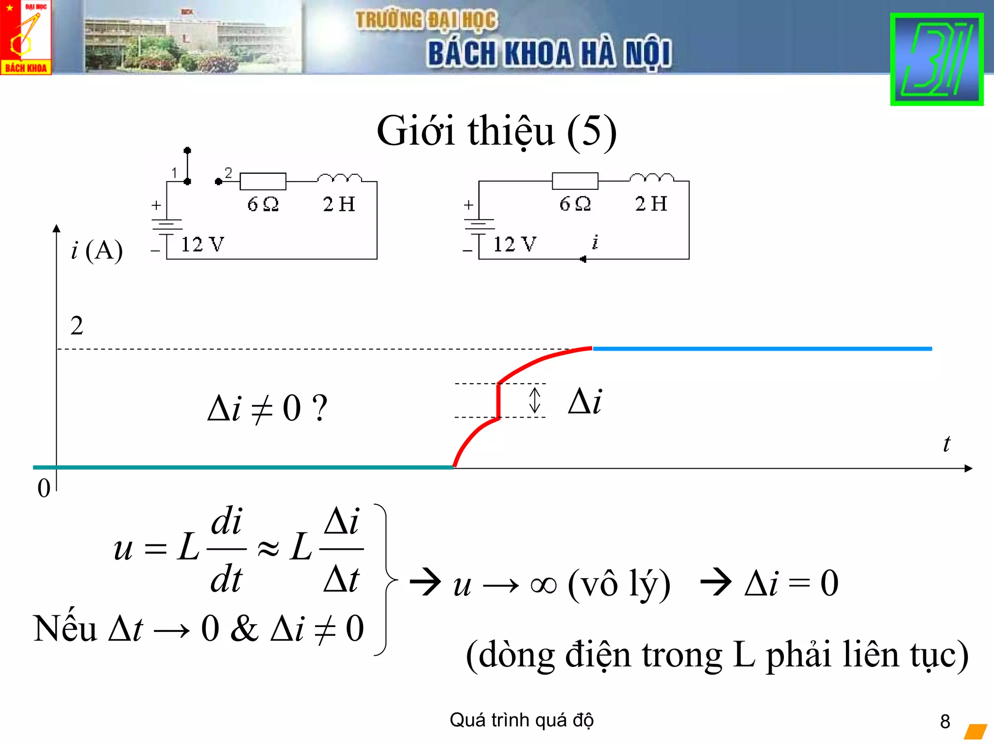 Quá trình quá độ 8
2
Giới thiệu (5)
t
0
i (A)
Δi ≠ 0 ?
di i
u L L
dt t
Δ
= ≈
Δ
Nếu Δt → 0 & Δi ≠ 0
u → ∞ (vô lý) Δi = 0
Δi
(dòng điện trong L phải liên tục)
 