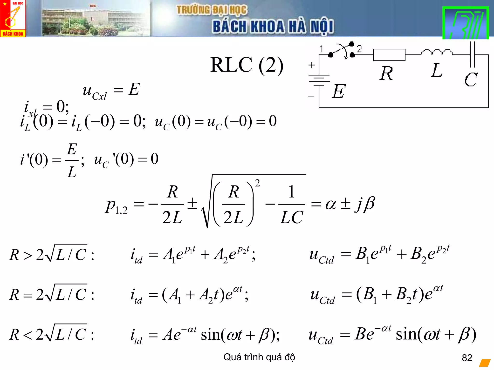 Quá trình quá độ 82
RLC (2)
(0) ( 0) 0;L Li i= − = (0) ( 0) 0C Cu u= − =
0;xli =
Cxlu E=
'(0) ;
E
i
L
= '(0) 0Cu =
2
1,2
1
2 2
R R
p j
L L LC
α β
⎛ ⎞
= − ± − = ±⎜ ⎟
⎝ ⎠
2 / :R L C> 1 2
1 2 ;p t p t
tdi Ae A e= +
sin( );t
tdi Ae tα
ω β−
= +
1 2( ) ;t
tdi A A t eα
= +2 / :R L C=
2 / :R L C<
1 2
1 2
p t p t
Ctdu B e B e= +
sin( )t
Ctdu Be tα
ω β−
= +
1 2( ) t
Ctdu B B t eα
= +
 