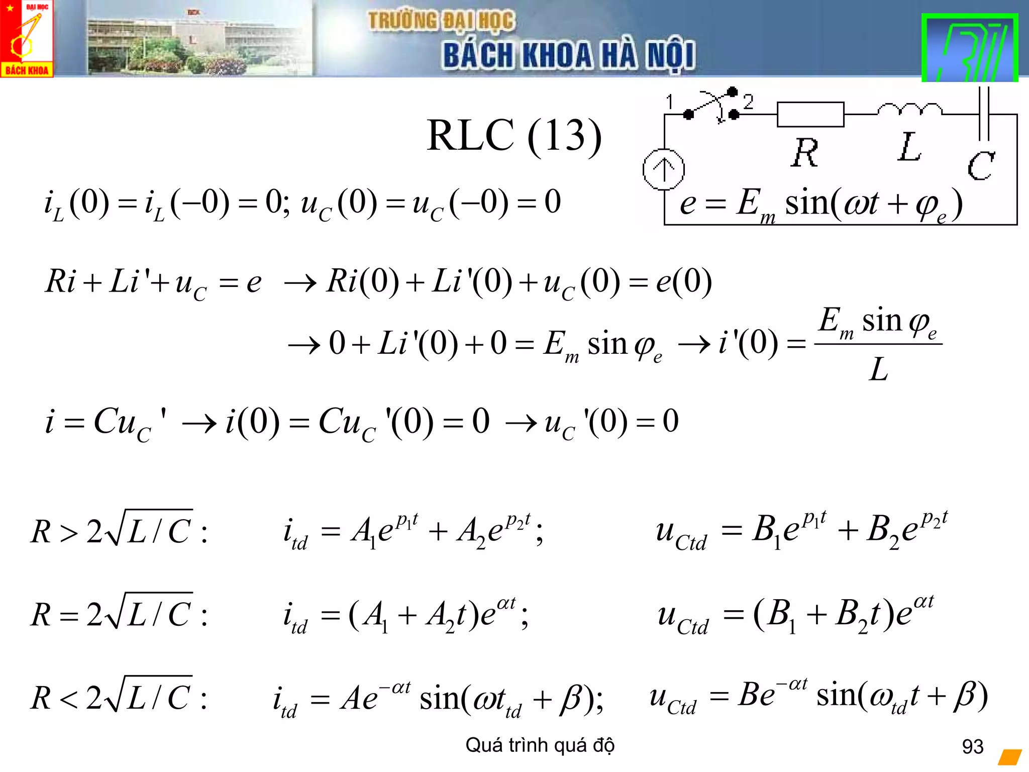 Quá trình quá độ 93
RLC (13)
sin( )m ee E tω ϕ= +
'Ci Cu= '(0) 0Cu→ =
' CRi Li u e+ + =
(0) ( 0) 0; (0) ( 0) 0L L C Ci i u u= − = = − =
(0) '(0) (0) (0)CRi Li u e→ + + =
0 '(0) 0 sinm eLi E ϕ→ + + =
sin
'(0) m eE
i
L
ϕ
→ =
(0) '(0) 0Ci Cu→ = =
2 / :R L C> 1 2
1 2 ;p t p t
tdi Ae A e= +
sin( );t
td tdi Ae tα
ω β−
= +
1 2( ) ;t
tdi A A t eα
= +2 / :R L C=
2 / :R L C<
1 2
1 2
p t p t
Ctdu B e B e= +
sin( )t
Ctd tdu Be tα
ω β−
= +
1 2( ) t
Ctdu B B t eα
= +
 