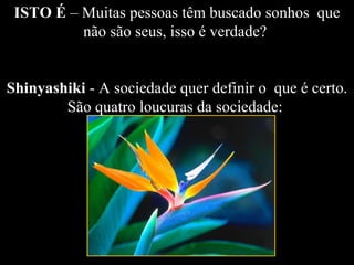 ISTO É  – Muitas pessoas têm buscado sonhos  que não são seus, isso é verdade?    Shinyashiki  - A sociedade quer definir o  que é certo. São quatro loucuras da sociedade:  