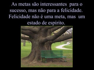 As metas são interessantes  para o sucesso, mas não para a felicidade.  Felicidade não é uma meta, mas  um estado de espírito.  