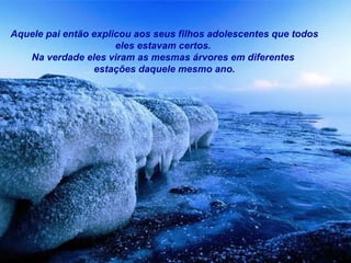 Aquele pai então explicou aos seus filhos adolescentes que todos eles estavam certos.  Na verdade eles viram as mesmas árvores em diferentes  estações daquele mesmo ano. 