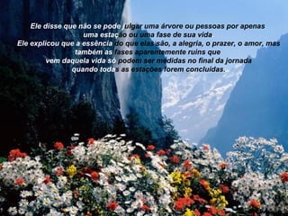 Ele disse que não se pode j ulgar uma árvore ou pessoas por apenas  uma estaç ão ou uma fase de sua vida . Ele explicou que a essência  do que elas são, a alegria, o prazer, o amor, mas também as  fases aparentemente ruins que  vem daquela vida só  podem ser medidas no final da jornada quando toda s as estações forem concluídas. 