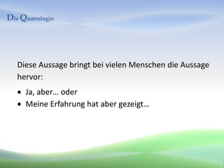 Die Quatrologie:




   Diese Aussage bringt bei vielen Menschen die Aussage
   hervor:
      Ja, aber… oder
      Meine Erfahrung hat aber gezeigt…
 