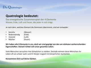 Die Quatrologie:

  Quatrologie bedeutet:
  Das energetische Zusammenspiel der 4 Elemente
  Wasser, Erde, Luft und Feuer, die jeder in sich trägt.

  Je nach dem, welches Element die Dominanz übernimmt, sind wir entweder:

  •   Sensitiv         (Wasser)
  •   Bodenständig     (Erde)
  •   Visionär         (Luft)
  •   Macher           (Feuer)

  Wir haben alle 4 Elemente in uns, doch wir sind geprägt von den am stärksten vorherrschenden
  Eigenschaften. Danach richtet sich unser gesamtes Leben.

  Viele Menschen versuchen ihre Schwächen zu stärken. Deshalb nehmen diese Menschen ihr
  Leben oft als schwer wahr und ihr Körper reagiert mit körperlichen Symtomen.

  Konzentriere Dich auf Deine Stärken.
 