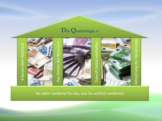 Erkenne Dein Potential




                                                          Das Gesetz der Resonanz
                                                                                       Die Quatrologie ©




                                                          Zukunft Selbst erschaffen
Ab sofort verdienst Du das, was Du wirklich verdienst!




                                                         Aktivierung der Herzenergie
 
