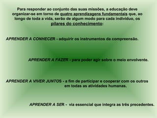 Para responder ao conjunto das suas missões, a educação deve
   organizar-se em torno de quatro aprendizagens fundamentais que, ao
    longo de toda a vida, serão de algum modo para cada indivíduo, os
                       pilares do conhecimento:


APRENDER A CONHECER - adquirir os instrumentos da compreensão.




           APRENDER A FAZER - para poder agir sobre o meio envolvente.




APRENDER A VIVER JUNTOS - a fim de participar e cooperar com os outros
                         em todas as atividades humanas.



           APRENDER A SER - via essencial que integra as três precedentes.
 