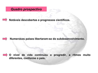 Quadro prospectivo


Notáveis descobertas e progressos científicos.




Numerosos países libertaram-se do subdesenvolvimento.




O nível de vida continuou a progredir, a ritmos muito
diferentes, conforme o país.
 