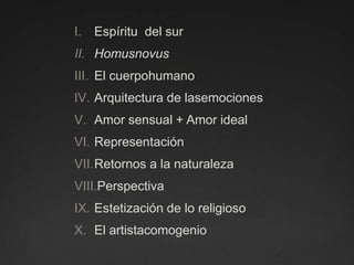Espíritu  del surHomusnovusEl cuerpohumanoArquitectura de lasemocionesAmor sensual + Amor idealRepresentaciónRetornos a la naturalezaPerspectivaEstetización de lo religiosoEl artistacomogenio