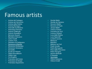 Famous artists
   Andrea del Castagno          Gentile Bellini
   Andrea del Verrocchio        Gentile da Fabriano
   Andrea della Robbia          Giovanni Bellini
   Andrea Mantegna              Giovanni di Paolo
   Antonello da Messina         Jacopo Bellini
   Antoniazzo Romano            Justus of Ghent
   Antonio Pollaiuolo           Leonardo da Vinci
   Antonio Rossellino           Lorenzo Ghiberti
   Benozzo Gozzoli              Luca della Robbia
   Bertoldo di Giovanni         Luca Signorelli
   Carlo Crivelli               Luciano Laurana
   Cosimo Tura                  Masaccio
   Desiderio da Settignano      Masolino
   Domenico di Bartolo          Melozzo da Forlì
   Domenico Ghirlandaio         Paolo Uccello
   Domenico Veneziano           Pedro Berruguete
   Donatello                    Piero della Francesca
   Ercole de' Roberti           Pietro Perugino
   Filippo Brunelleschi         Sandro Botticelli
   Filippo Lippi                Il Sassetta
   Fra Angelico                 Vecchietta
   Francesco del Cossa          Vittore Carpaccio
   Francesco di Giorgio         Vittore Crivelli
   Francesco Squarcione
 