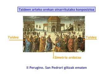 Taldeen arteko orekan oinarritutako konposizioa

Taldea

Taldea

Simetria ardatza
Il Perugino. San Pedrori giltzak ematen

 