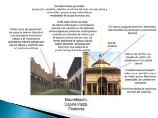 Características generales: proporción, simetría, relación  armónica del todo con las partes y entre ellas, proporciones matemáticas empleando la escala humana, etcEn la sala interior se pasa de planta rectangular a centralizada gracias a la creación en los laterales de dos espacios estrechos rectangulares cubiertos con bóveda de cañón y enel espacio central que se crea, de forma cuadrada se coloca cúpula sobre pechinas  coronada con linterna lo que potencia el punto de fuga hacia la verticalEn interior juego de bicromía: elementosestructurales en piedra gris y paramentos blancosPórtico sirve de separación de espacio exterior (claustro) con abundante iluminación natural y el microcosmo geométrico interior bañado por una luz difusa y uniforme que no produce sombrasEje de simetríaInterior de pórtico con bóveda de cañón con casetones y con cúpula centralEntablamento adintelado salvo zona central con arco de medio punto. Geometría acentuada con división en  recuadrosPórtico hexástilo de columnascorintias de fuste lisoBrunelleschi.Capilla Pazzi.Florencia