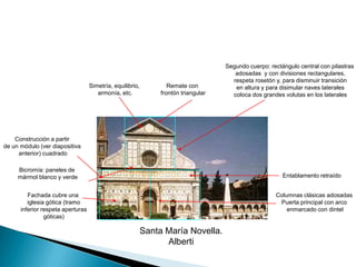 Segundo cuerpo: rectángulo central con pilastras adosadas  y con divisiones rectangulares, respeta rosetón y, para disminuir transición en altura y para disimular naves laterales coloca dos grandes volutas en los lateralesRemate con frontón triangularSimetría, equilibrio, armonía, etc.Construcción a partirde un módulo (ver diapositiva anterior) cuadradoBicromía: paneles de mármol blanco y verdeEntablamento retraídoFachada cubre una iglesia gótica (tramo inferior respeta aperturas góticas)Columnas clásicas adosadasPuerta principal con arco enmarcado con dintelSanta María Novella.Alberti