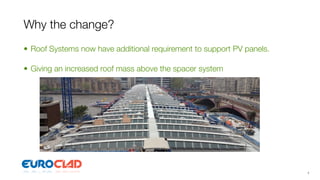 Why the change?
• Roof Systems now have additional requirement to support PV panels.

• Giving an increased roof mass above the spacer system




                                                                       7
 