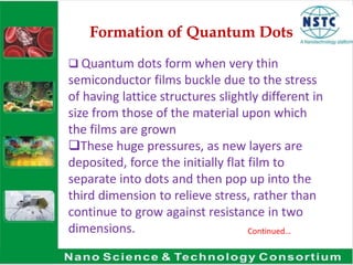 Formation of Quantum Dots
 Quantum dots form when very thin
semiconductor films buckle due to the stress
of having lattice structures slightly different in
size from those of the material upon which
the films are grown
These huge pressures, as new layers are
deposited, force the initially flat film to
separate into dots and then pop up into the
third dimension to relieve stress, rather than
continue to grow against resistance in two
dimensions. Continued…
 