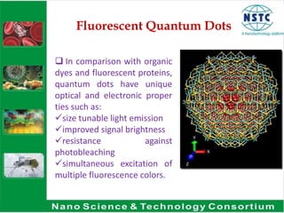 Fluorescent Quantum Dots
 In comparison with organic
dyes and fluorescent proteins,
quantum dots have unique
optical and electronic proper
ties such as:
size tunable light emission
improved signal brightness
resistance against
photobleaching
simultaneous excitation of
multiple fluorescence colors.
 