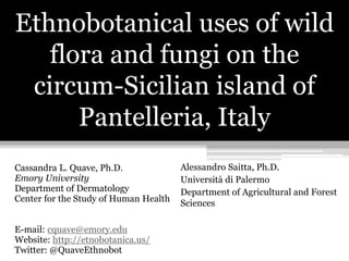 Ethnobotanical uses of wild
flora and fungi on the
circum-Sicilian island of
Pantelleria, Italy
Cassandra L. Quave, Ph.D.
Emory University
Department of Dermatology
Center for the Study of Human Health
E-mail: cquave@emory.edu
Website: http://etnobotanica.us/
Twitter: @QuaveEthnobot
Alessandro Saitta, Ph.D.
Università di Palermo
Department of Agricultural and Forest
Sciences
 