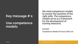 Key message # 1:
Use competence
models
We need competence models
to answer the question of the
right skills. The competence
models serve as a framework
for the development of
training measures.
Example:
Competence Model of Future-Skills.net
@ Collaboration Design 2019 3
 