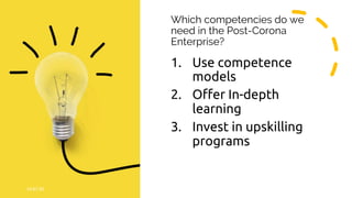 Which competencies do we
need in the Post-Corona
Enterprise?
1. Use competence
models
2. Offer In-depth
learning
3. Invest in upskilling
programs
24.07.20 @ Collaboration Design 2019 9
 