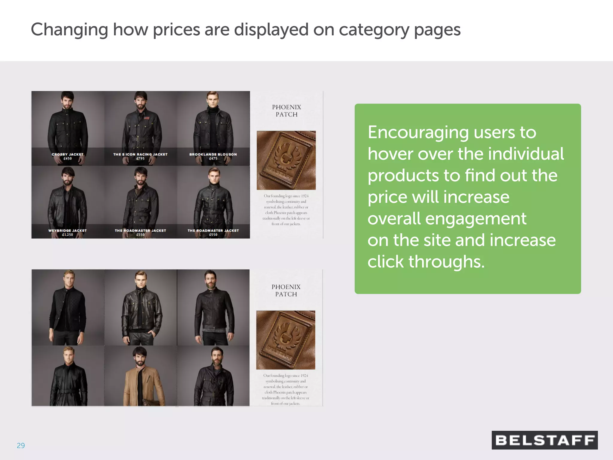 29 
Changing how prices are displayed on category pages 
Encouraging users to 
hover over the individual 
products to find out the 
price will increase 
overall engagement 
on the site and increase 
click throughs. 
 