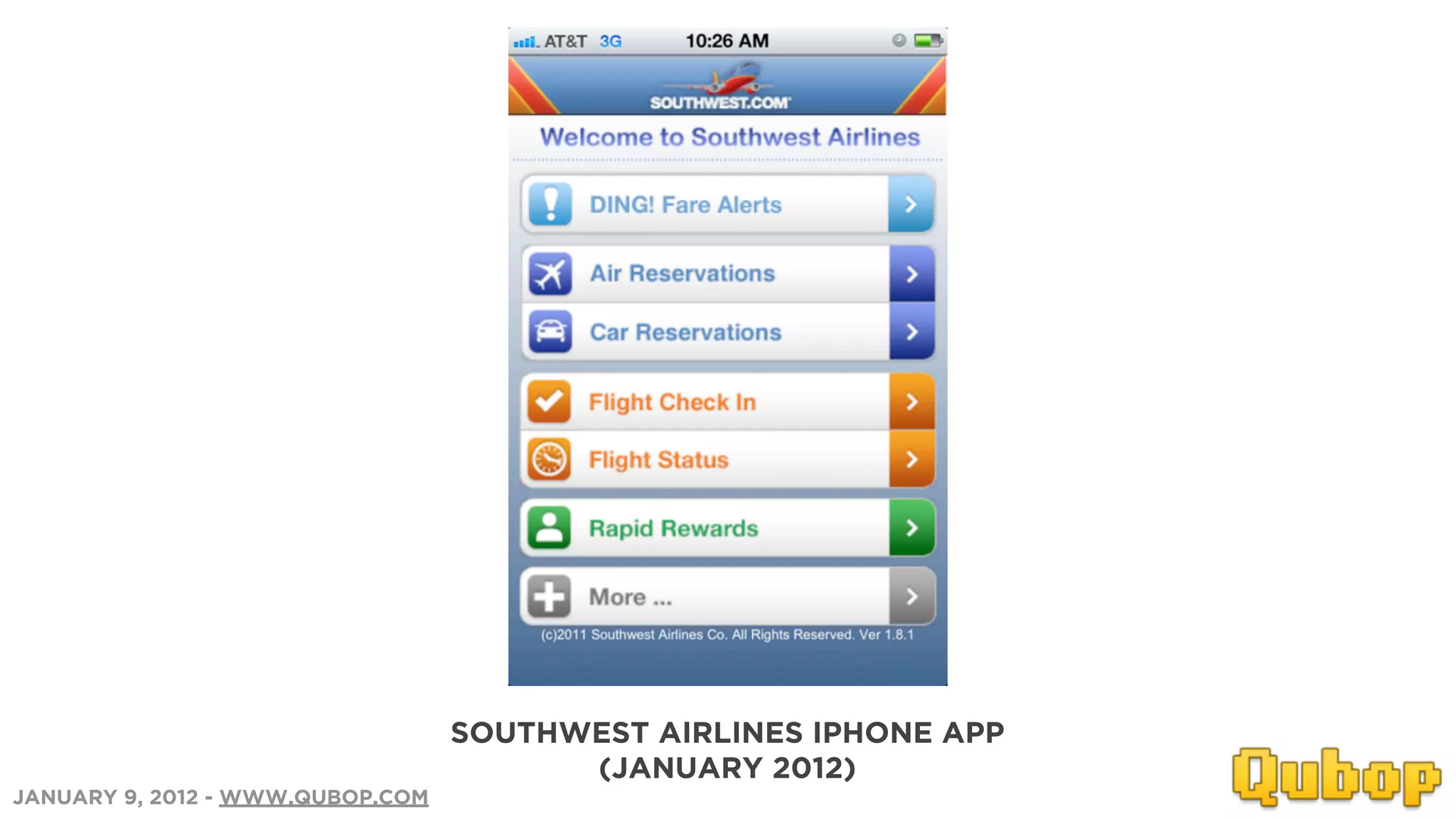 SOUTHWEST AIRLINES IPHONE APP
                                        (JANUARY 2012)
JANUARY 9, 2012 - WWW.QUBOP.COM
 