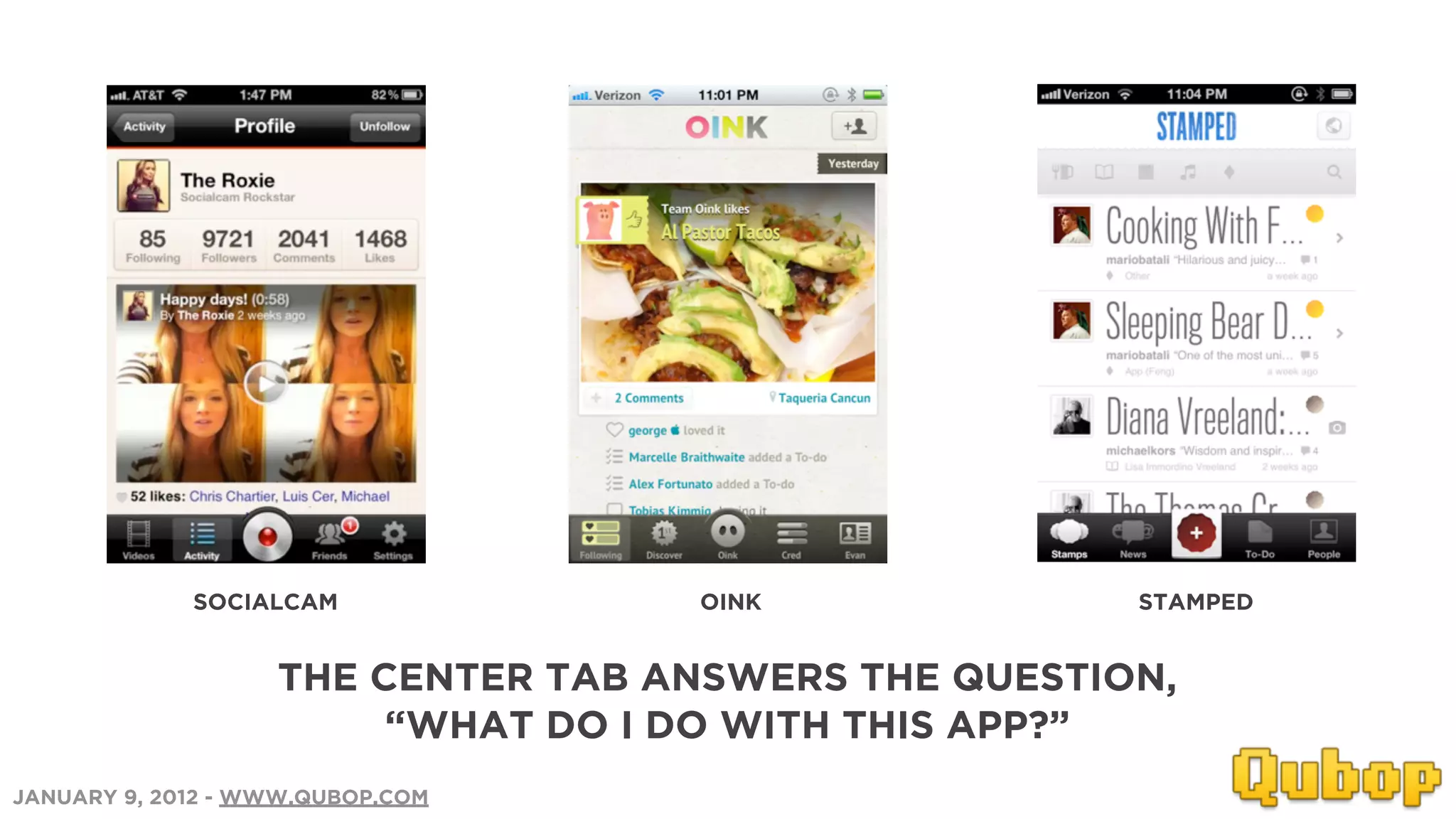 SOCIALCAM             OINK              STAMPED


                   THE CENTER TAB ANSWERS THE QUESTION,
                        “WHAT DO I DO WITH THIS APP?”
JANUARY 9, 2012 - WWW.QUBOP.COM
 