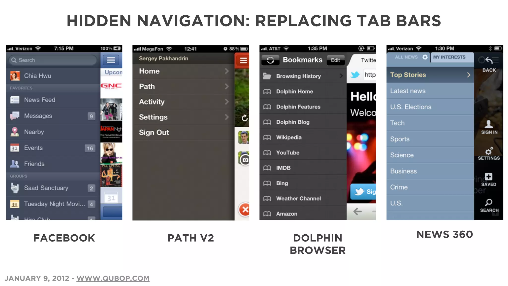 HIDDEN NAVIGATION: REPLACING TAB BARS




      FACEBOOK                    PATH V2   DOLPHIN   NEWS 360
                                            BROWSER

JANUARY 9, 2012 - WWW.QUBOP.COM
 