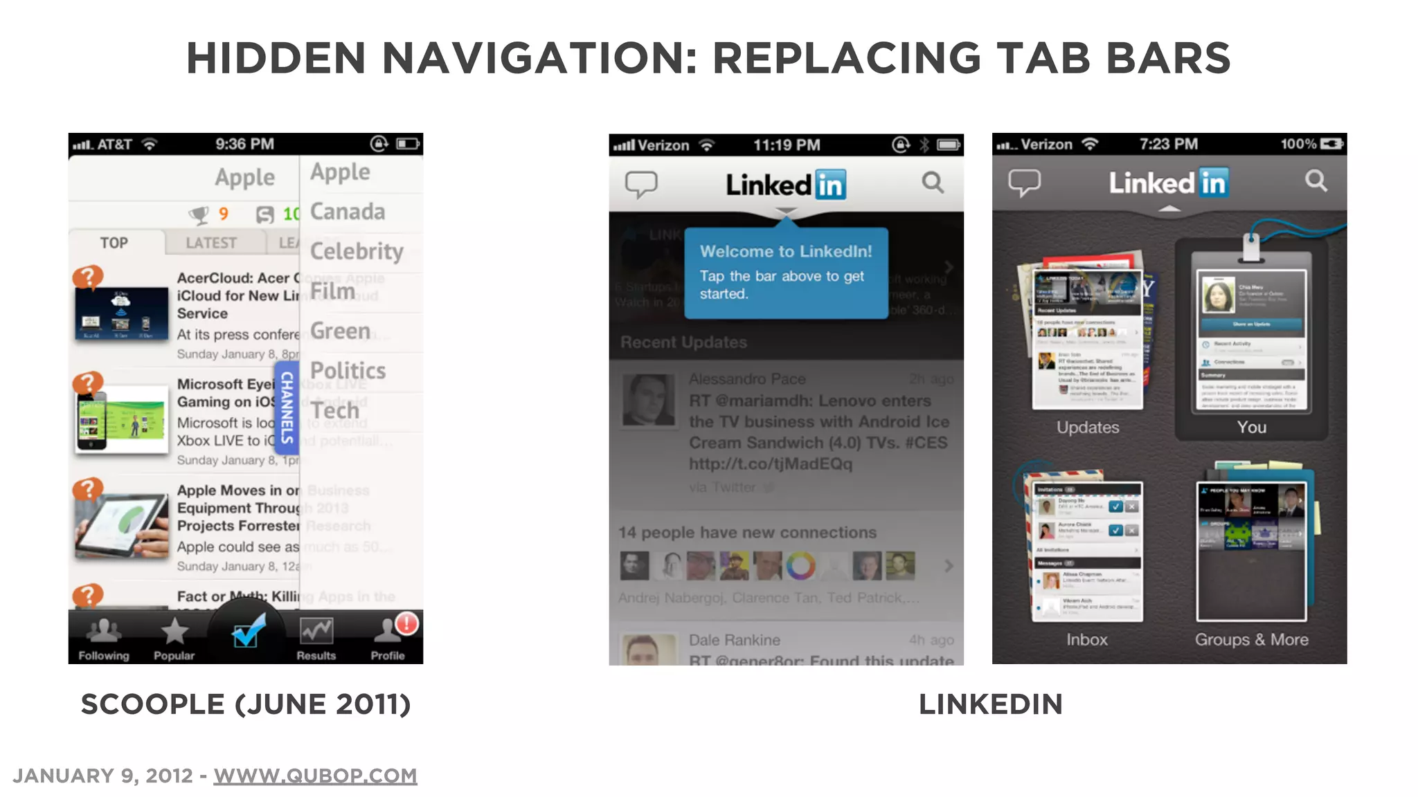 HIDDEN NAVIGATION: REPLACING TAB BARS




     SCOOPLE (JUNE 2011)              LINKEDIN

JANUARY 9, 2012 - WWW.QUBOP.COM
 