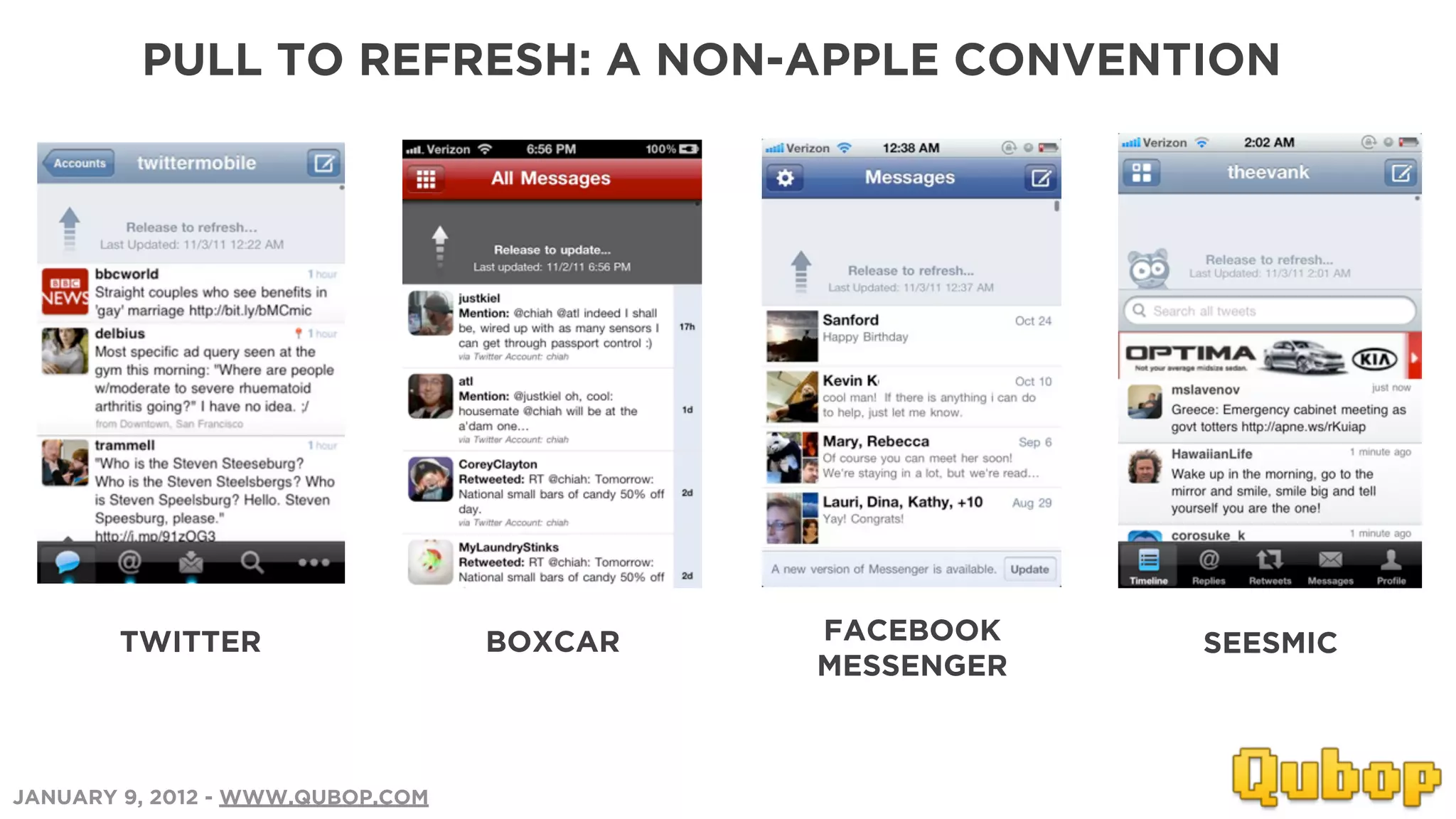 PULL TO REFRESH: A NON-APPLE CONVENTION




       TWITTER                    BOXCAR   FACEBOOK    SEESMIC
                                           MESSENGER



JANUARY 9, 2012 - WWW.QUBOP.COM
 