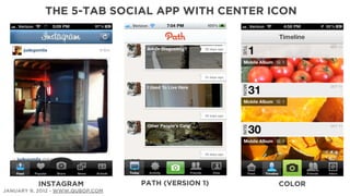 THE 5-TAB SOCIAL APP WITH CENTER ICON




          INSTAGRAM               PATH (VERSION 1)   COLOR
JANUARY 9, 2012 - WWW.QUBOP.COM
 