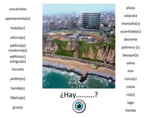 rascacielos                   playa

                               catarata
apartamento(s)
                             montaña(s)
   hotel(es)
                             acantilado(s)
  oficina(s)                   desierto
 edificio(s)                 palmera (s)
 moderno(s)
  edificio(s)                 bosque(s)
  antiguo(s)                    selva
   escuela                       mar
  jardin(es)                   ruina(s)

   tienda(s)                    costa

  fábrica(s)     ¿Hay……….?      río(s)

                                 lago
    granja
                                hierba
 