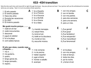 KS3 –KS4 transition
Role the dice each time and move left to right through the boxes. Say your phrase out loud. Your partner will use the whiteboard to translate
what you are saying. Take it in turns to produce these speeches.

  1   El año pasado                         A    1   fui a España                         B     1   con mis amigos.                      C
  2   El verano pasado                           2   fui a Francia                              2   con mi familia.
  3   Hace dos años                              3   fui a Escocia                              3   con mis padres.
  4   Durante las vacaciones                     4   fui a Norfolk                              4   para dos semanas.
  5   En 2007                                    5   fui a Grecia                               5   para una semana.
  6   El invierno pasado                         6   fui a Italia                               6   para un mes.
  Me gustó mucho porque……..
  1 nadé en el mar                          D    1 y mandé mensajes.
                                                                                          E     1 ¡Fue genial!
                                                                                                                                         F
  2 visité monumentos                            2 y saqué fotos.                               2 ¡Fue guay!
  3 descansé                                     3 y tomé el sol.                               3 ¡Fue fantástico!
  4 jugué al voleibol                            4 y bailé en la discoteca.                     4 ¡Fue estupendo!
  5 fui a la playa                               5 y monté en bici.                             5 ¡Fue maravilloso!
  6 comí platos típicos                          6 y escuché música.                            6 ¡Fue fenomenal!


  El año que viene, cuando vaya
  a España…..                               G    1   ir de compras
                                                                                          H     1   en la playa.
                                                                                                                                         I
  1 voy a …….                                    2   ir a la piscina                            2   con mis amigos.
  2 me gustaría..                                3   hablar español                             3   todo el tiempo.
  3 quiero..                                     4   jugar al tenis                             4   todos los días.
  4 tengo ganas de..                             5   montar a caballo                           5   por la noche.
  5 tengo pensado..                              6   acampar                                    6   y tomar el sol.
  6 espero..
 