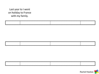 Last year to I went
on holiday to France
  with my family.




                       Rachel Hawkes
 