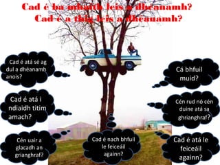 Cad é ba mhaith leis a dhéanamh?
        Cad é a thig leis a dhéanamh?



 Cad é atá sé ag
dul a dhéanamh                         Cá bhfuil
anois?                                  muid?

 Cad é atá i                           Cén rud nó cén
ndiaidh titim                           duine atá sa
amach?                                  ghrianghraf?


    Cén uair a     Cad é nach bhfuil   Cad é atá le
   glacadh an         le feiceáil        feiceáil
   grianghraf?         againn?
                                         againn?
 