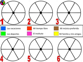 Las vacaciones   Mi tiempo libre   Mi música preferida

Los deportes     El instituto      Mi familia y mis amigos
 